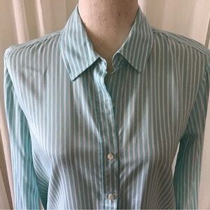 J. McLaughlin Denver Silk Blend Button Down Blouse Shirt Aqua/White Stripe Small